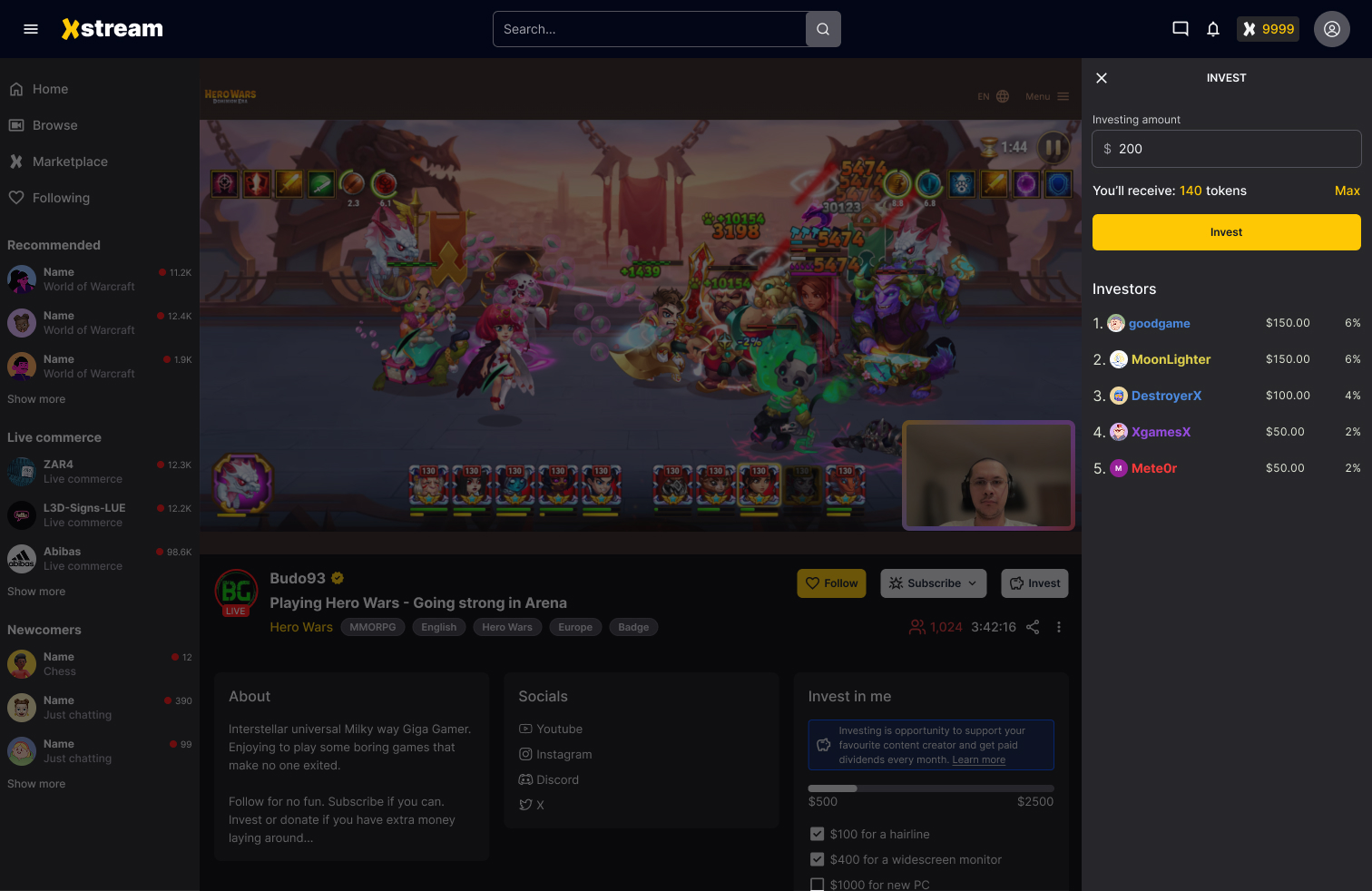 xStream investment interface showing a gaming stream with investment panel