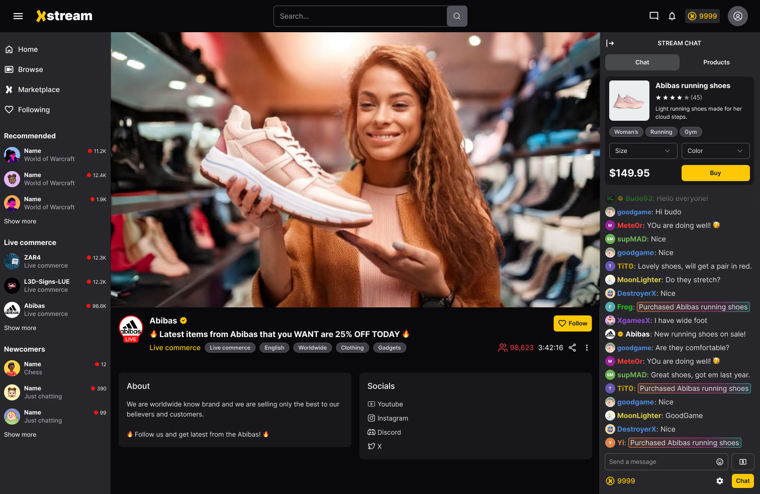 xStream live commerce showing a woman presenting Adibas running shoes