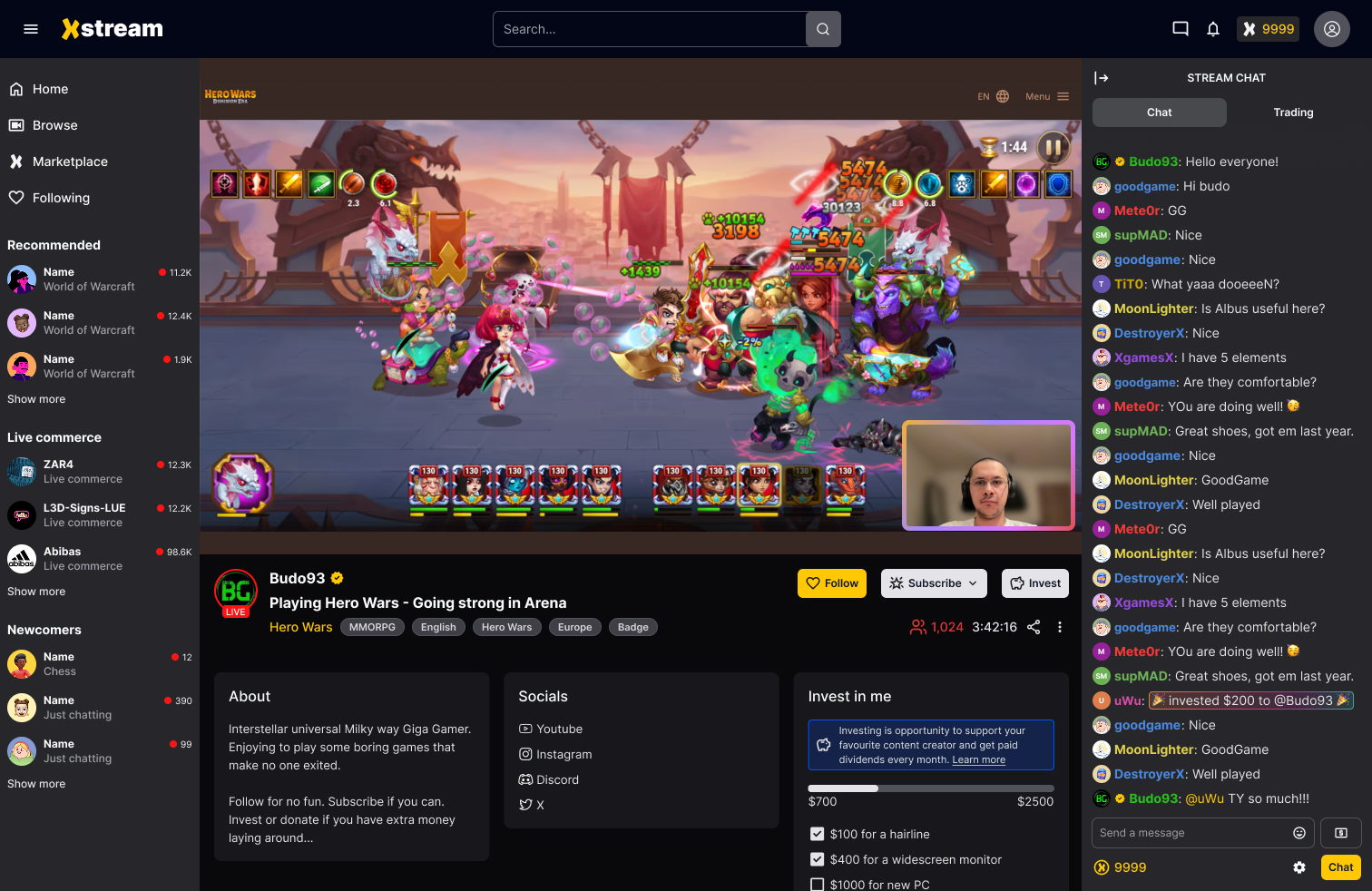 xStream investment interface showing a gaming stream with investment panel